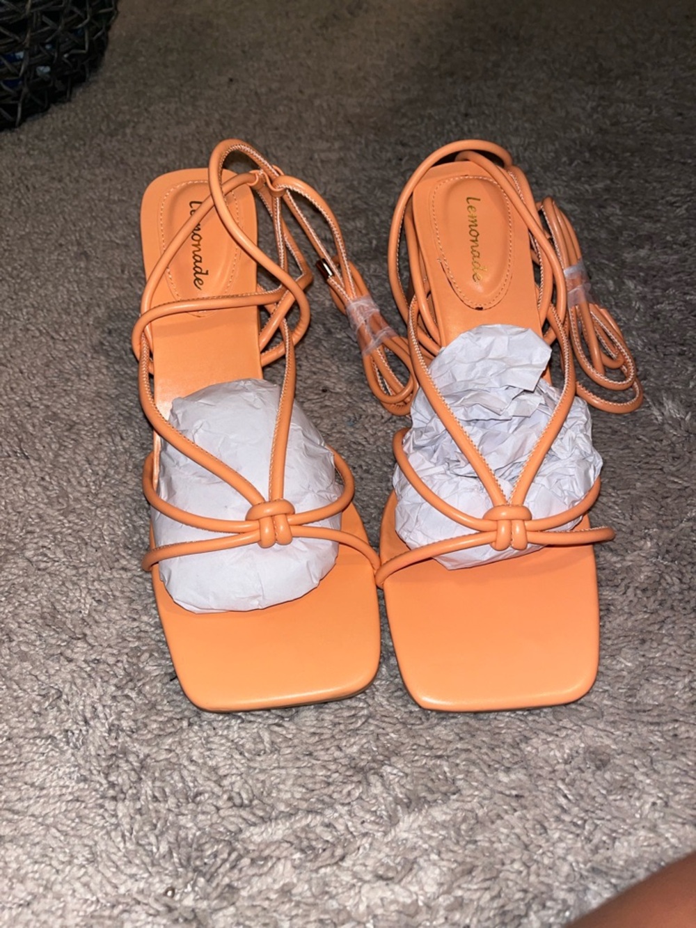 Lemon Orange Square-Toe Lace-Up Sandals